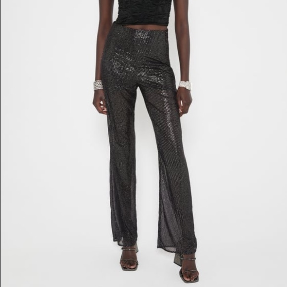Zara GLITTER TEXTURED TROUSERS LIMITED EDITION SHEER PANTS BLACK/Silver XS BN